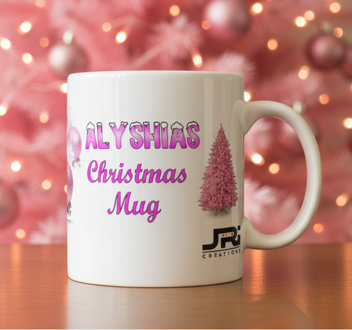 Pink Christmas Mug | Festive Pink Tree & Bauble Ceramic Coffee Cup | Xmas Gift for Her