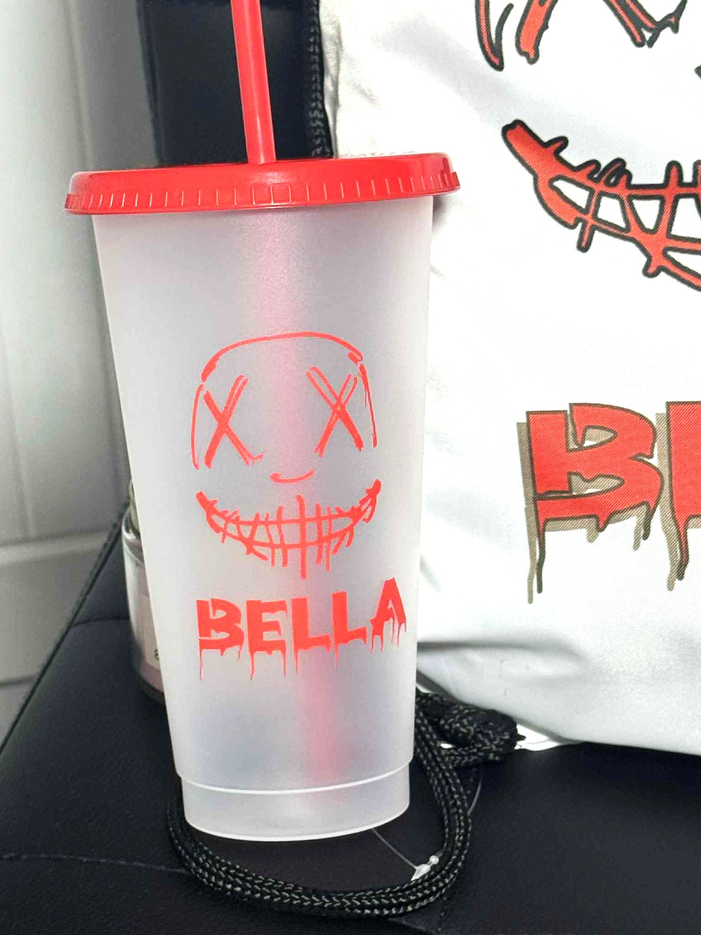 Halloween Printed Drawstring Bag & Matching 24oz Cold Cup Halloween Mask Design