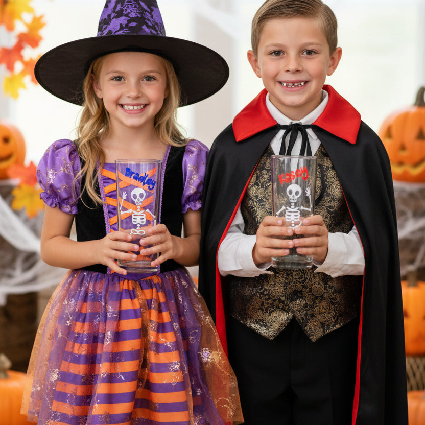 Vinyl Tall High Ball Glass Halloween Skeleton Name
