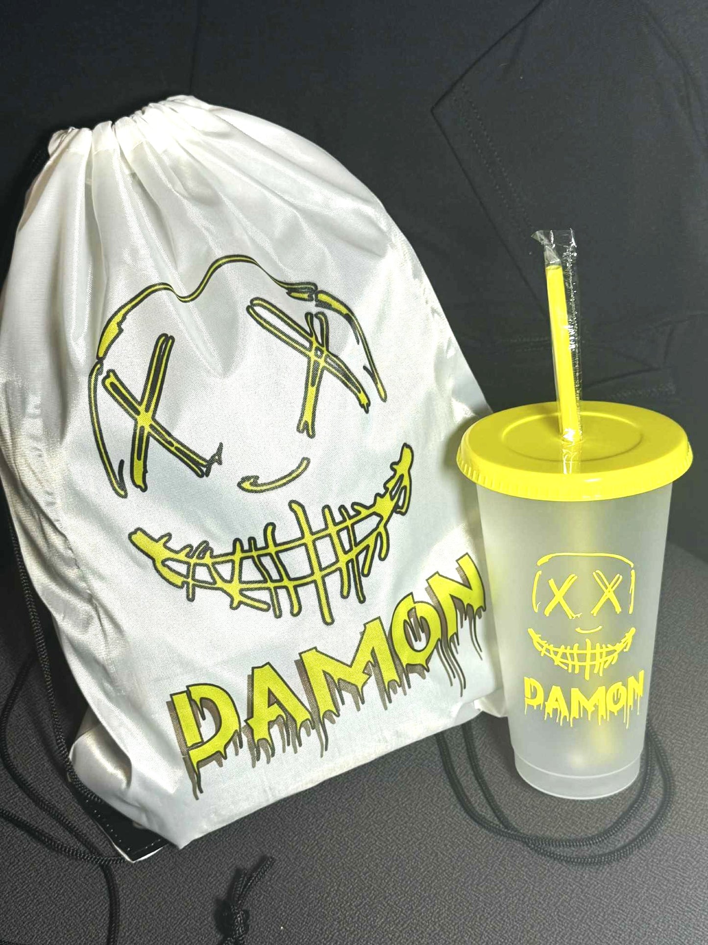 Halloween Printed Drawstring Bag & Matching 24oz Cold Cup Halloween Mask Design