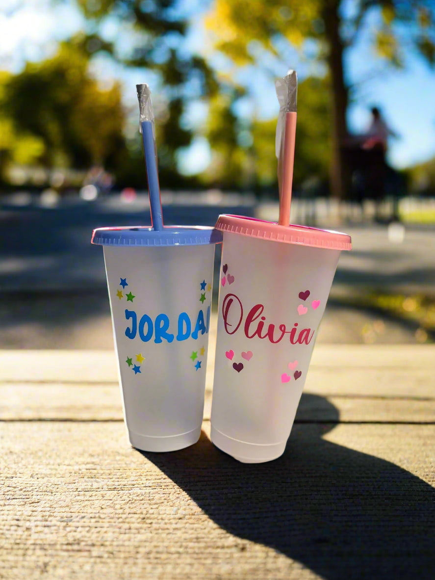Personalised Name Plastic Cold Cup Drink Bottle,Lid,Straw Various Colour