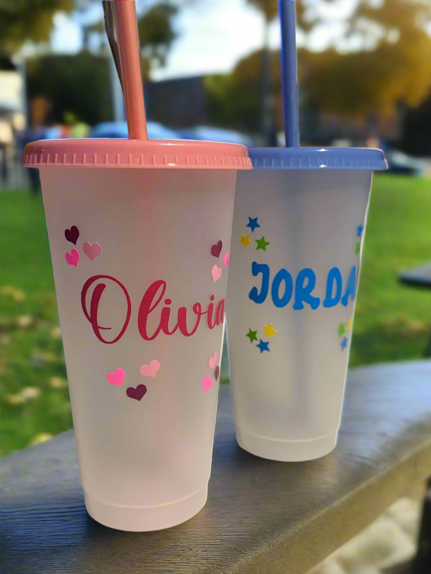 Personalised Name Plastic Cold Cup Drink Bottle,Lid,Straw Various Colour