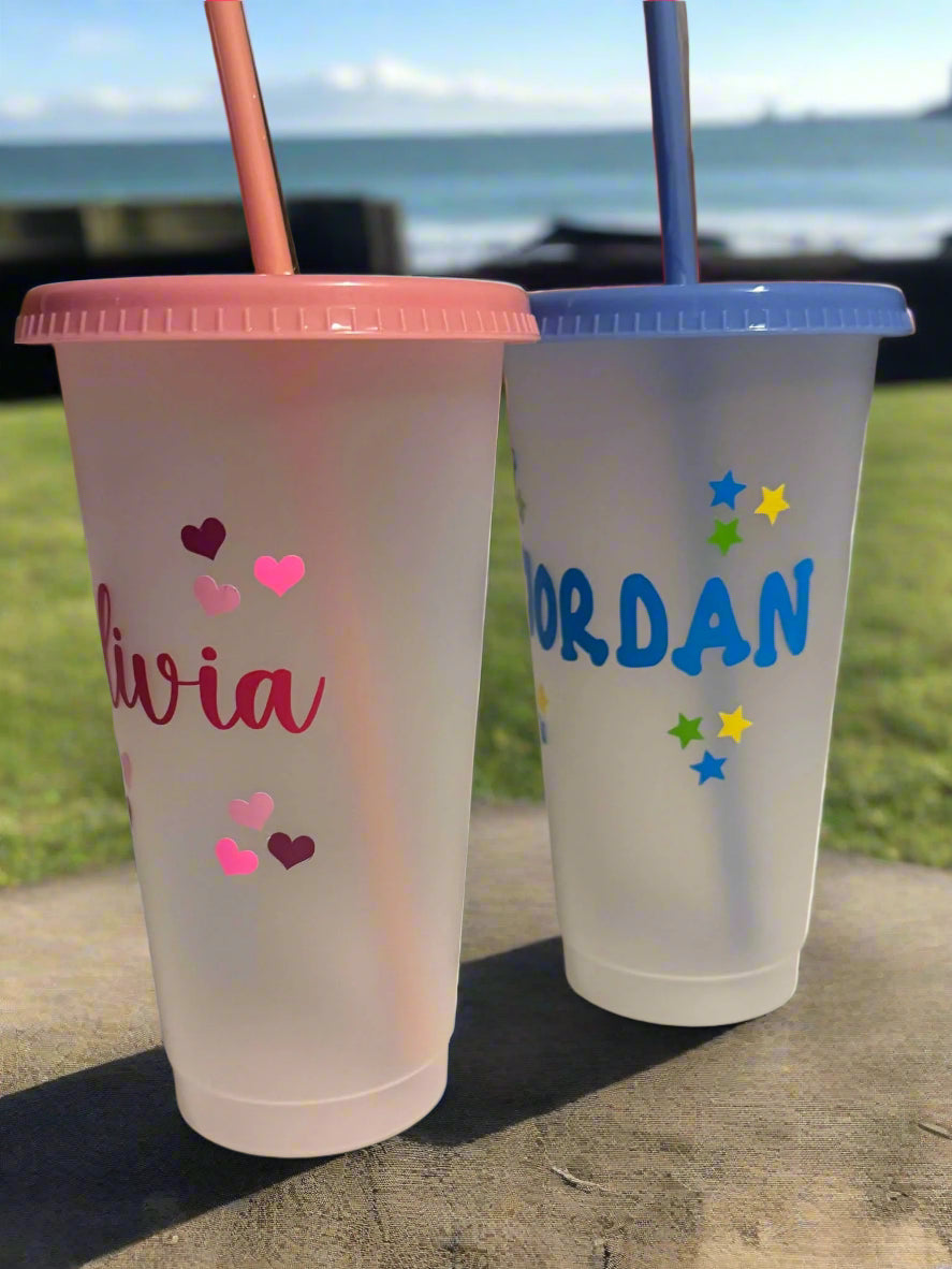 Personalised Name Plastic Cold Cup Drink Bottle,Lid,Straw Various Colour