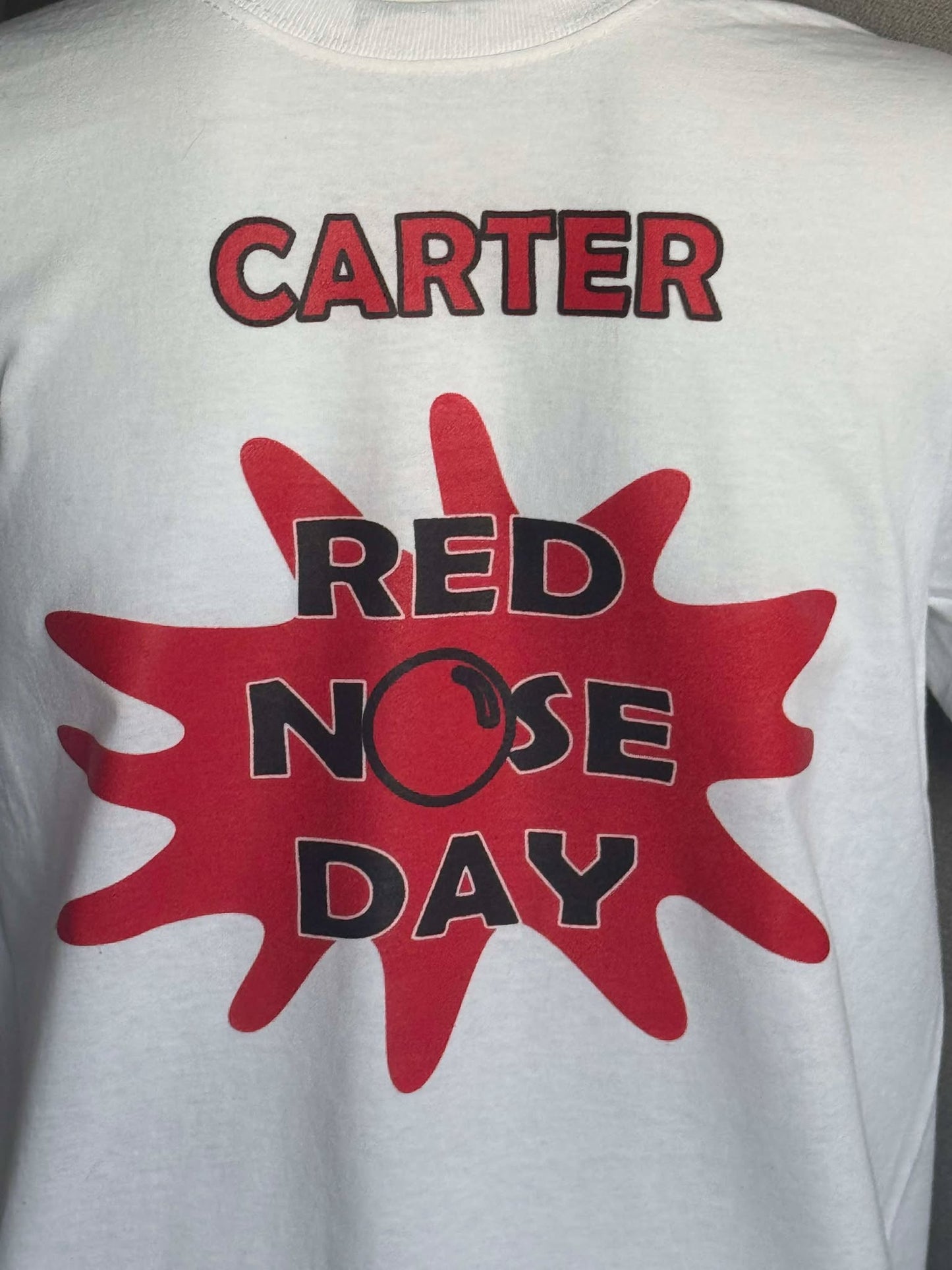 Personalised Kids/Adult White T-Shirt Red Nose Day (Name/Splat Design)