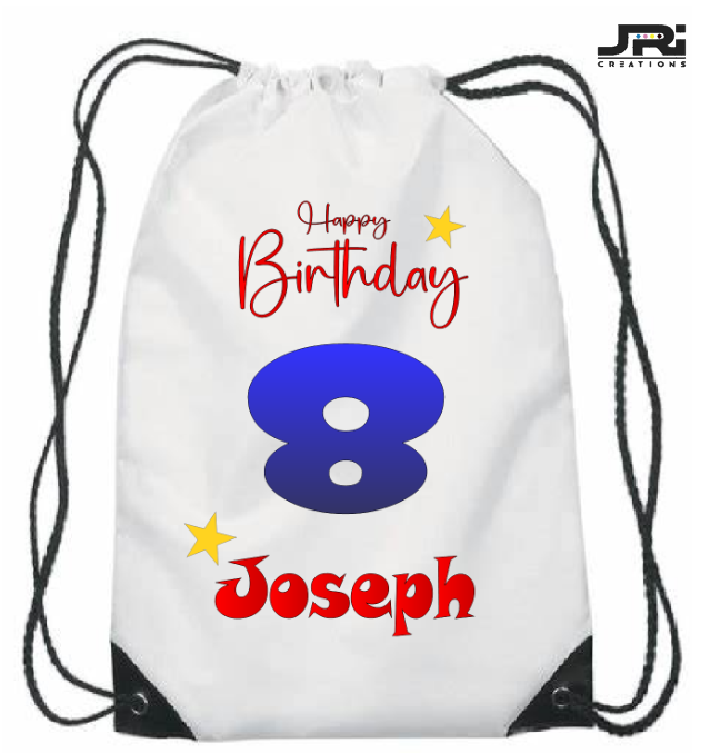 Personalised Printed Happy Birthday Boy Age & Name Drawstring Bag