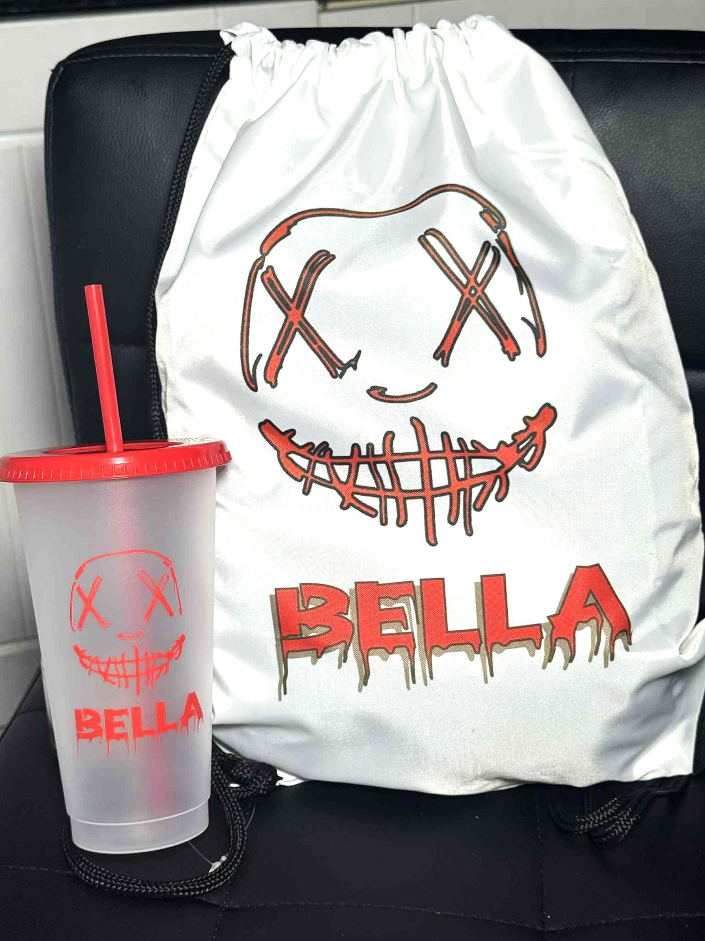 Halloween Printed Drawstring Bag & Matching 24oz Cold Cup Halloween Mask Design