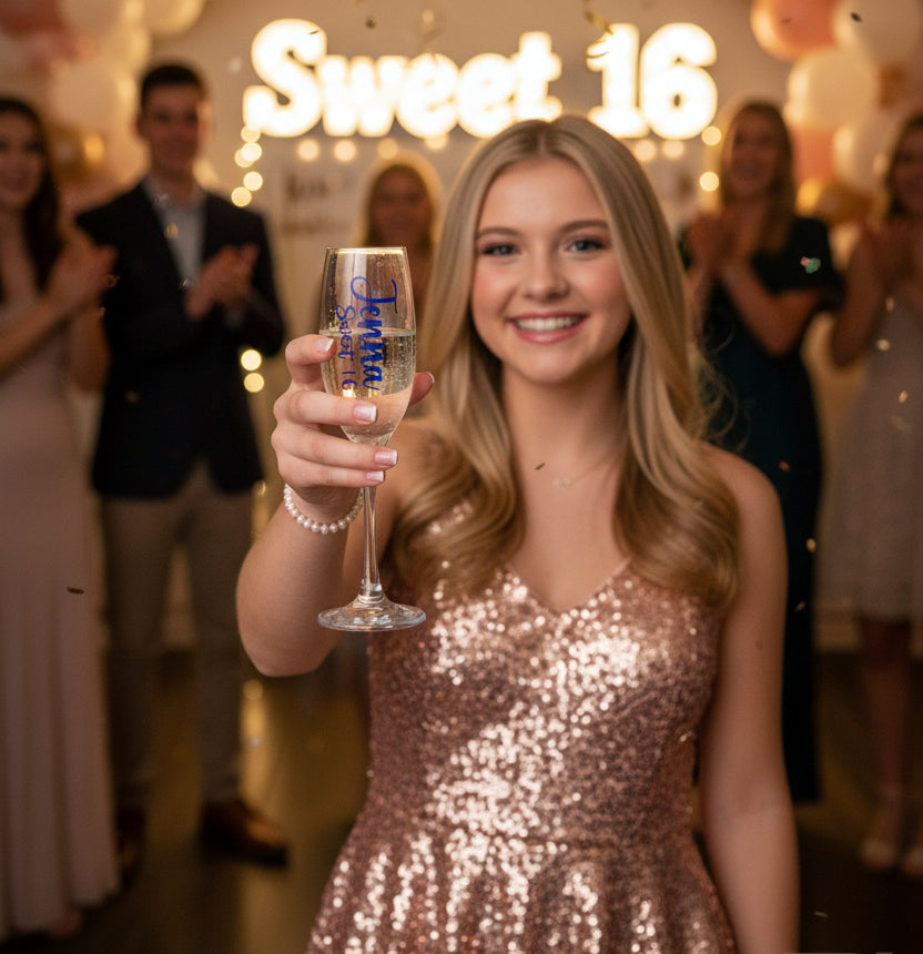 Vinyl Flute/ Champagne Glass Name Sweet Birthday