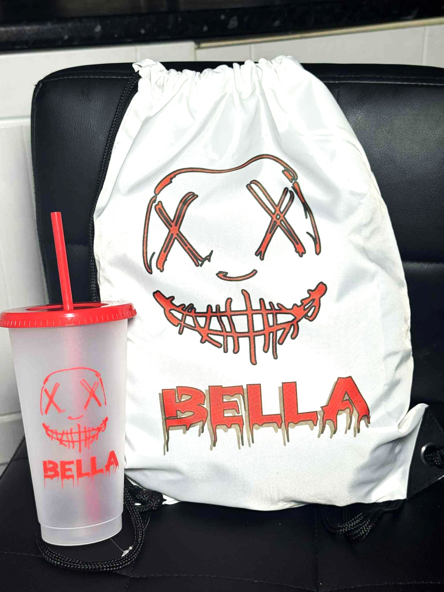 Halloween Printed Drawstring Bag & Matching 24oz Cold Cup Halloween Mask Design