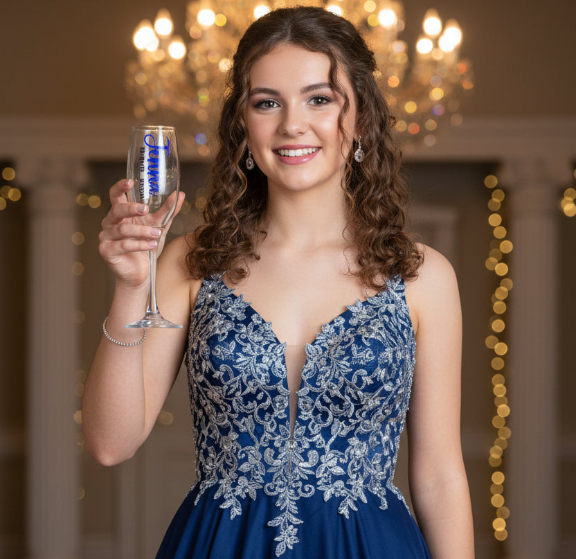 Vinyl Flute/ Champagne Prom Glass Name Date