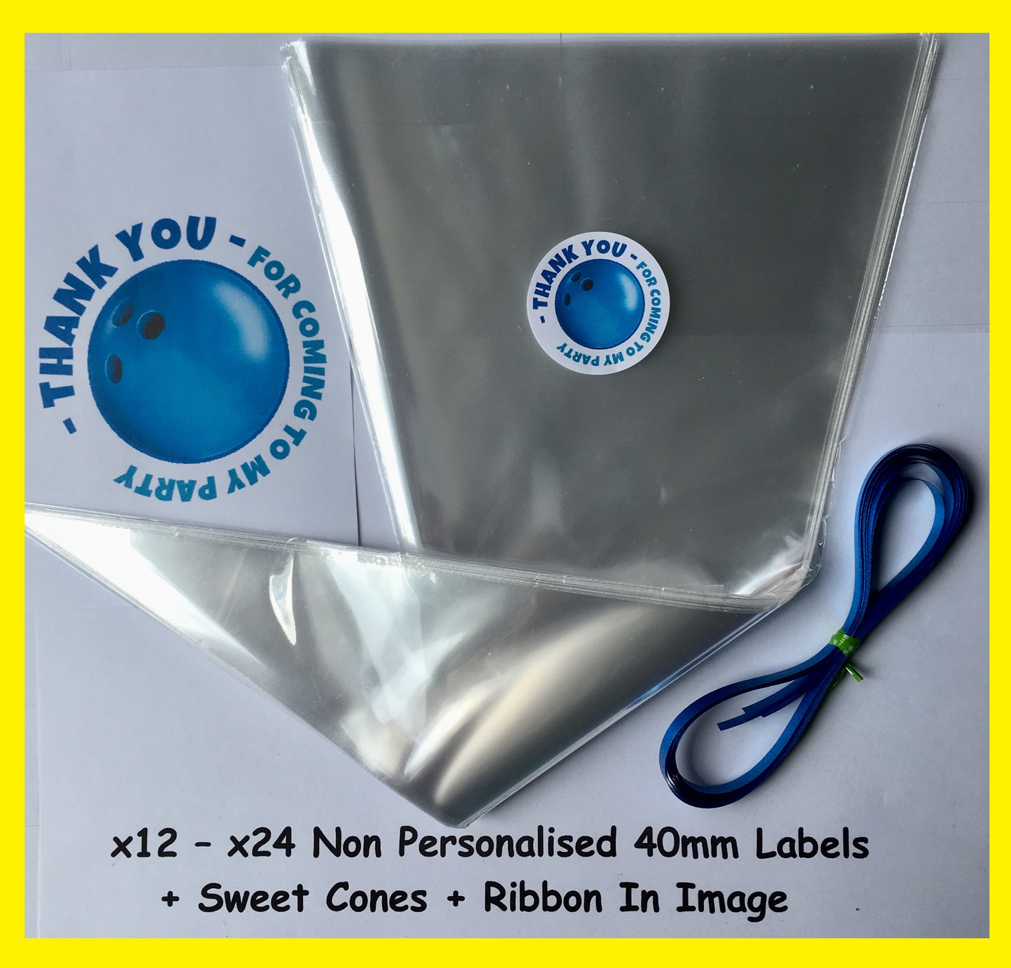 12/24 Non Personalised Bowling Blue Birthday Party Labels + Sweet Cones Kit