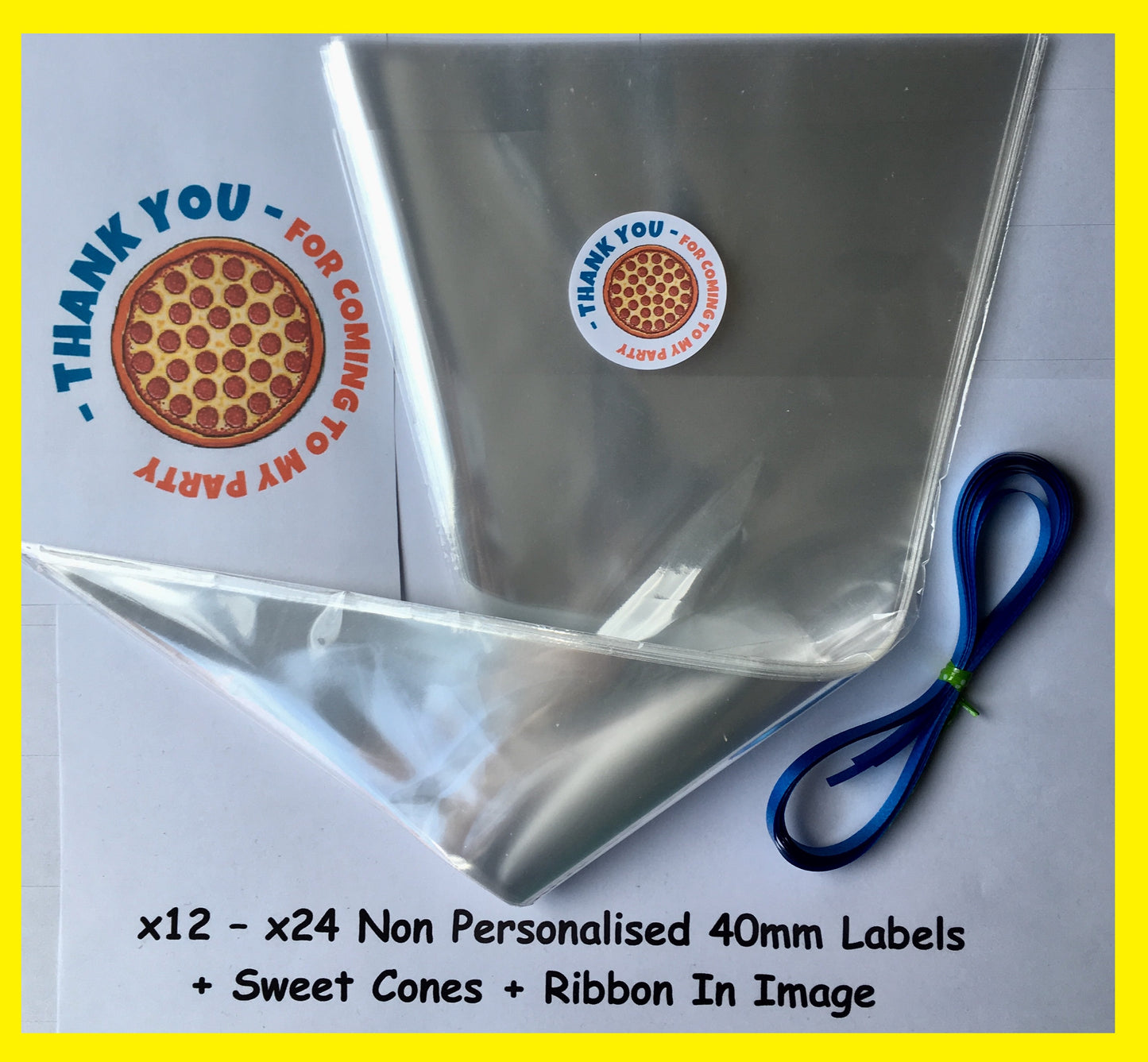 12/24 Non Personalised Pizza Birthday Party Labels + Sweet Cones Kit