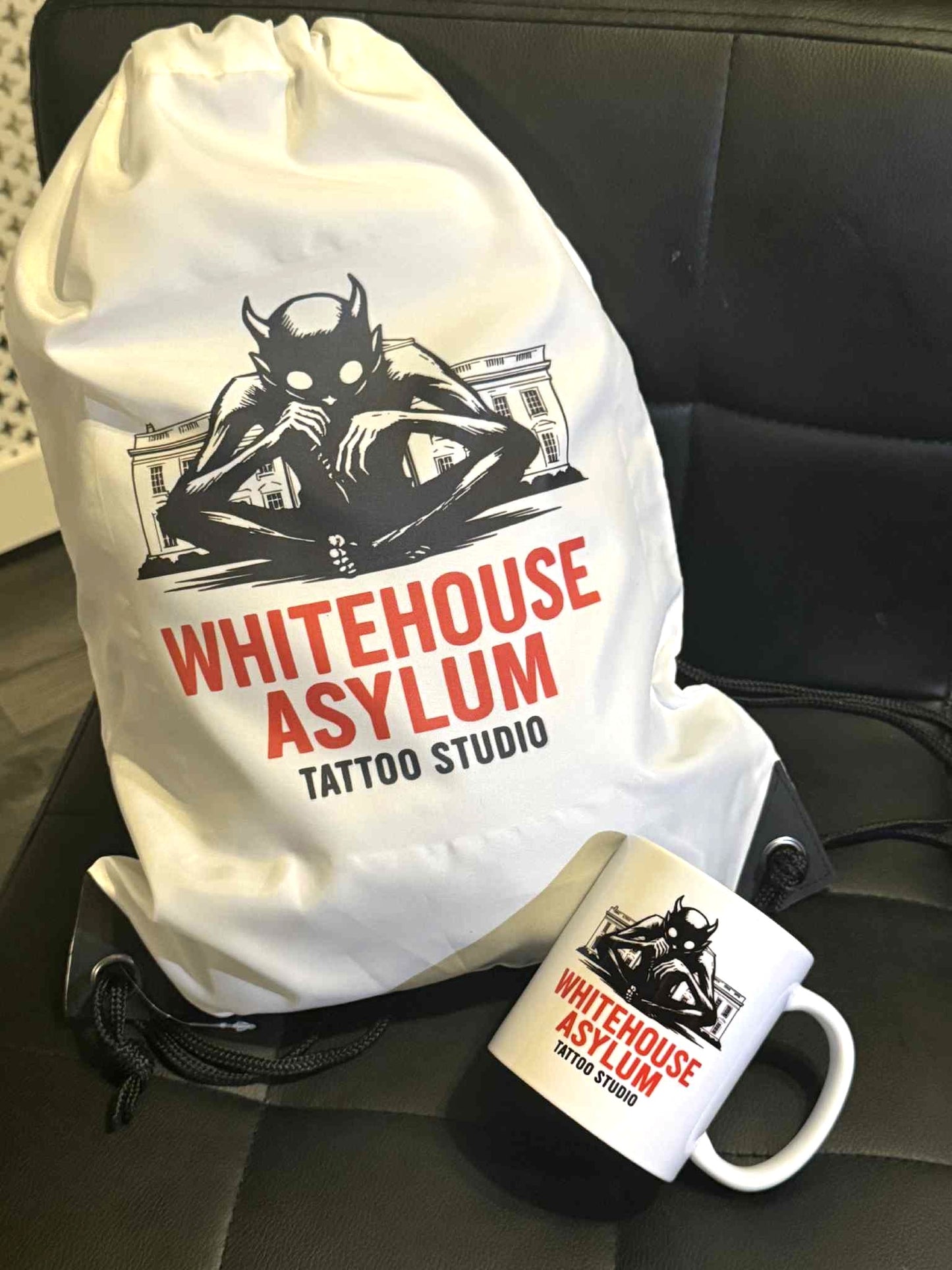 Business Whitehouse Asylum Tattoos Logo #1 Printed Drawstring Bag