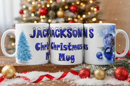 Personalised Blue Christmas Mug, Festive Tree & Bauble Design, Xmas Coffee Cup, Secret Santa Gift, Stocking Filler