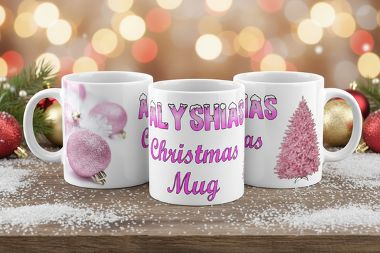 Pink Christmas Mug | Festive Pink Tree & Bauble Ceramic Coffee Cup | Xmas Gift for Her