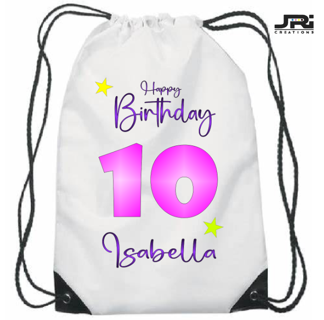 Personalised Printed Happy Birthday Girl Age & Name Drawstring Bag