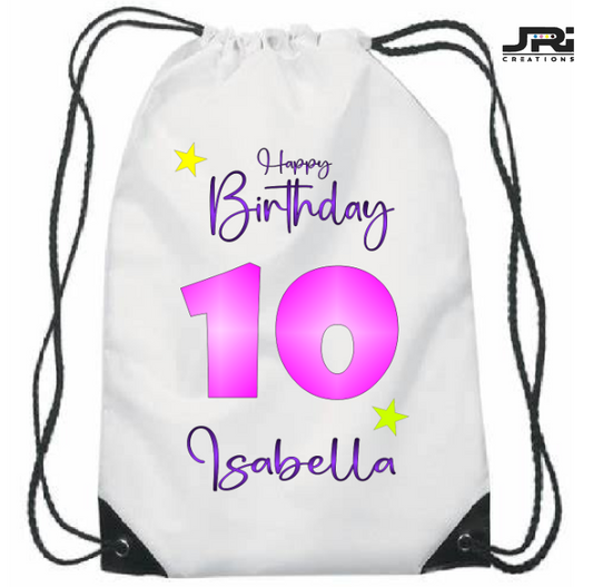 Personalised Printed Happy Birthday Girl Age & Name Drawstring Bag