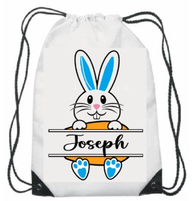 Personalised Printed Blue Easter Bunny & Name Drawstring Bag