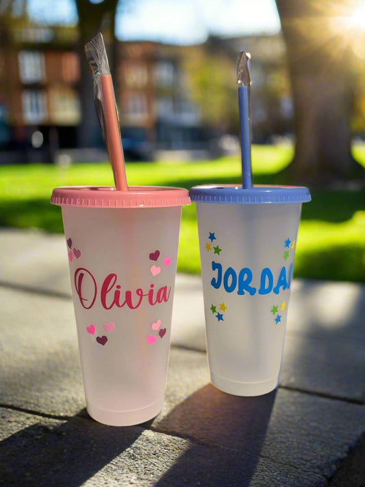 Personalised Name Plastic Cold Cup Drink Bottle,Lid,Straw Various Colour