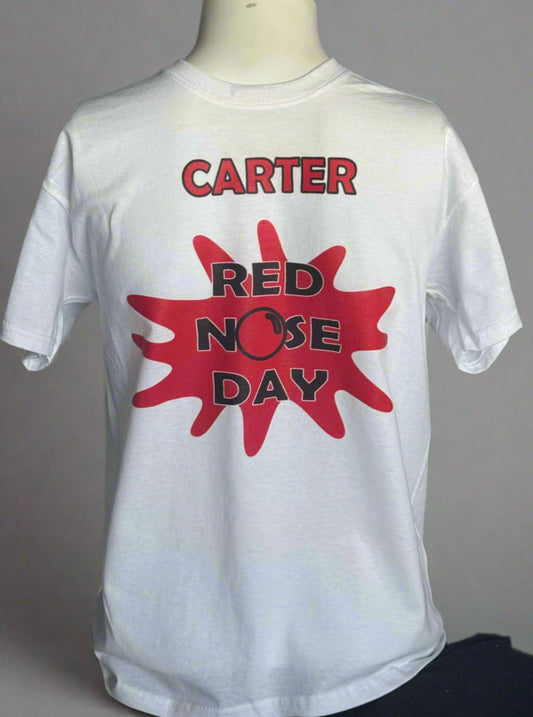 Personalised Kids/Adult White T-Shirt Red Nose Day (Name/Splat Design)