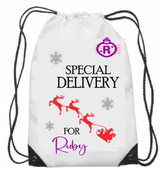 Personalised Printed Christmas Special Delivery Xmas Drawstring Bag