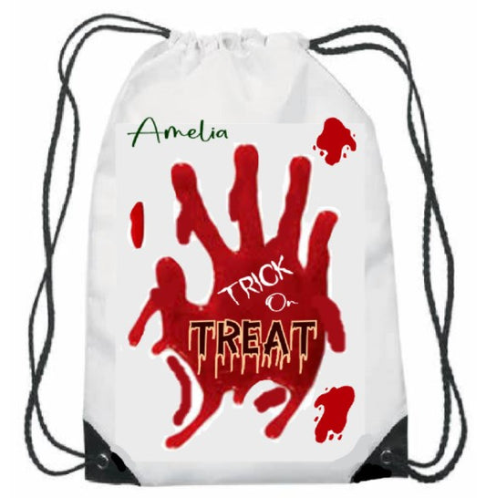 Printed Trick Or Treat Halloween Bloody Hand Drawstring Bag