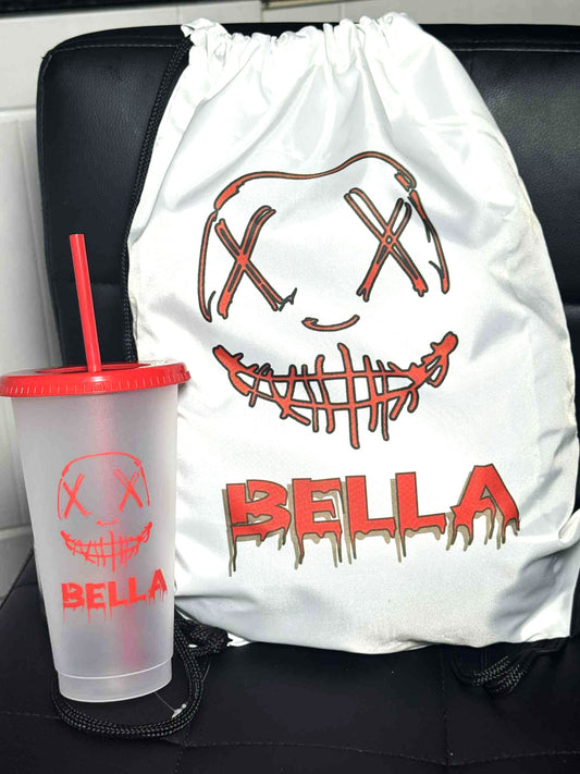 Halloween Printed Drawstring Bag & Matching 24oz Cold Cup Halloween Mask Design
