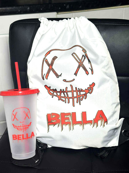 Halloween Printed Drawstring Bag & Matching 24oz Cold Cup Halloween Mask Design