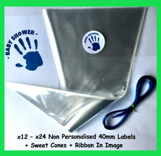 12/24 Non Personalised Blue Baby Shower Party Labels + Sweet Cones Kit