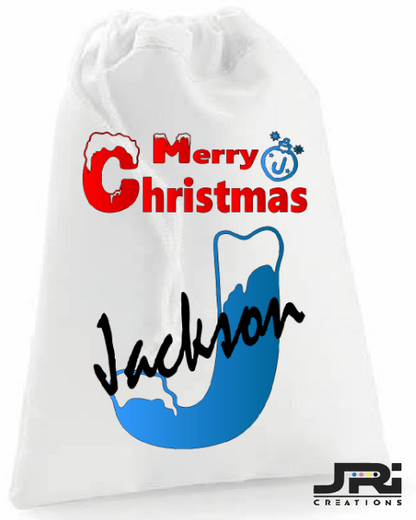 Printed Merry Christmas Stuff Bag Frosted Initial Name Drawstring Sack
