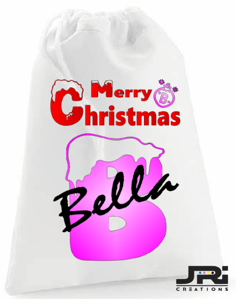 Printed Merry Christmas Stuff Bag Frosted Initial Name Drawstring Sack