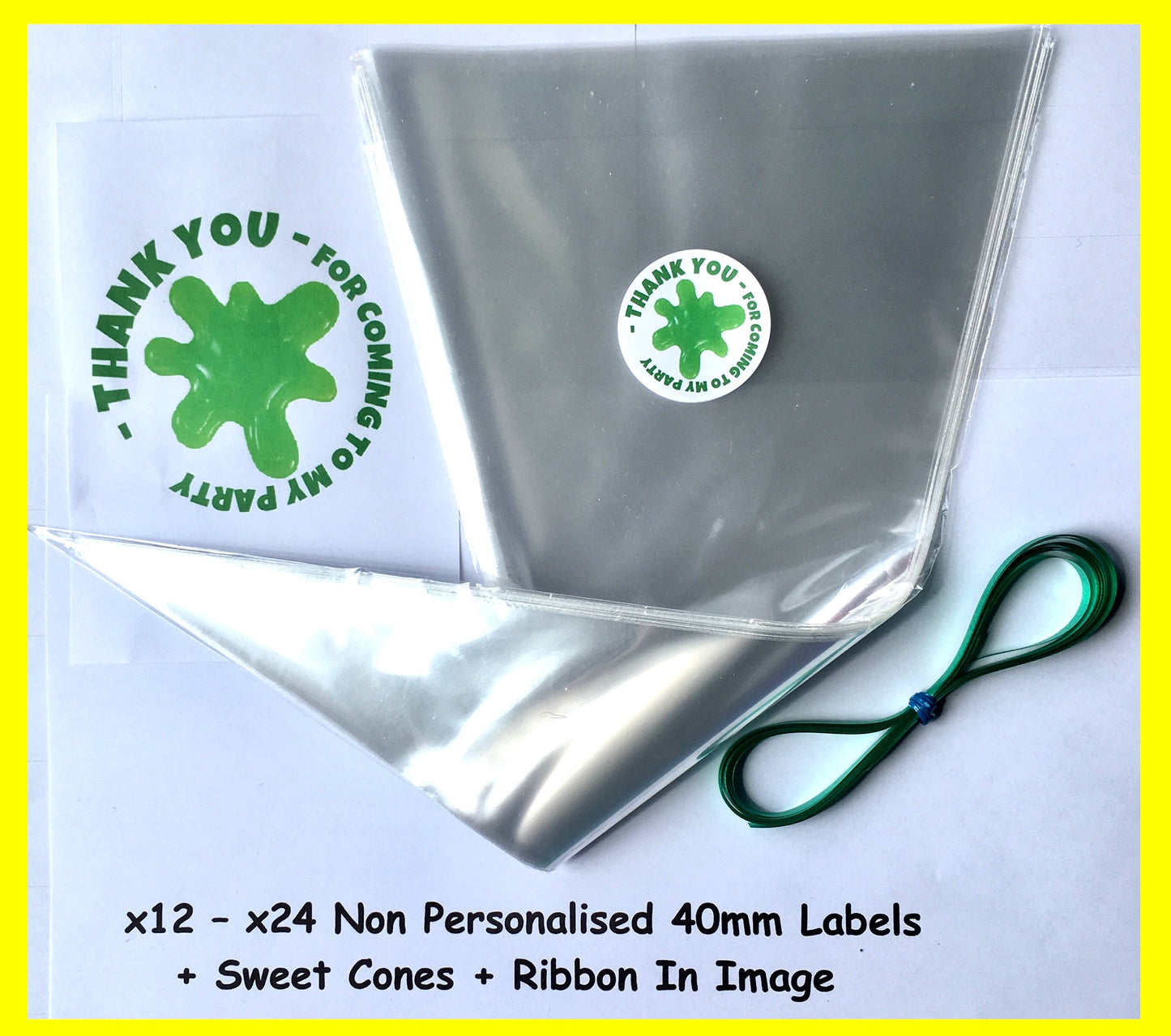 12/24 Non Personalised Green Slime Birthday Party Labels + Sweet Cones Kit