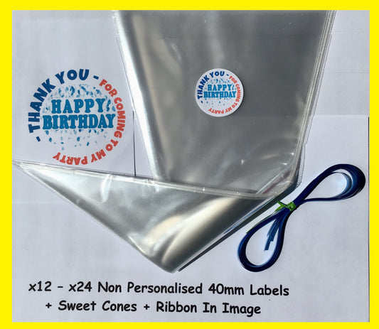 12/24 Non Personalised Happy Birthday Blue Party Labels + Sweet Cones Kit