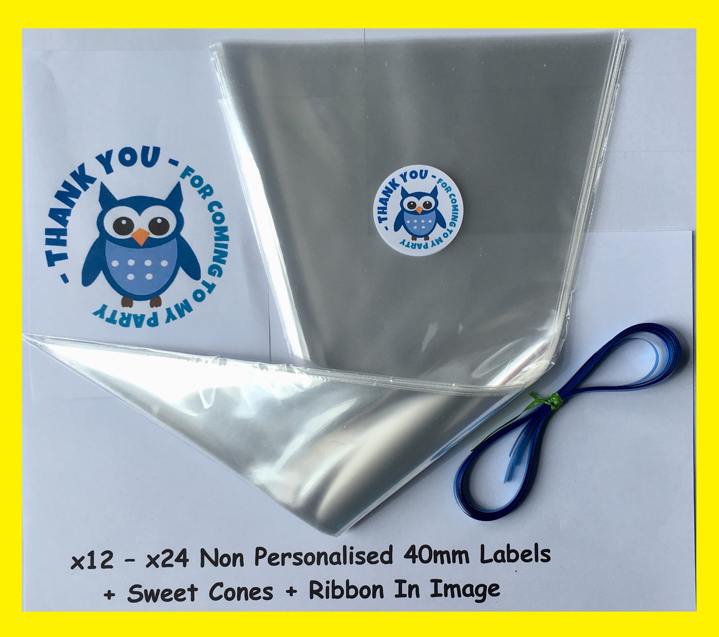 12/24 Non Personalised Owl Blue Birthday Party Labels + Sweet Cones Kit