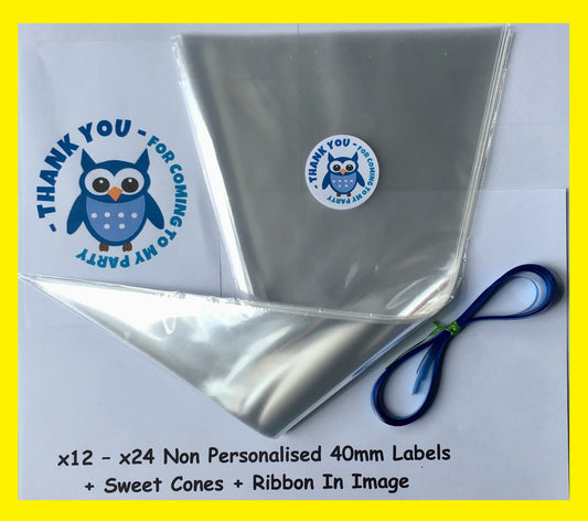 12/24 Non Personalised Owl Blue Birthday Party Labels + Sweet Cones Kit