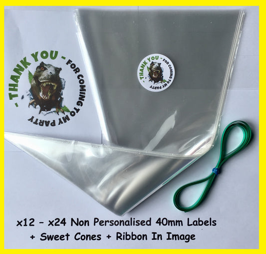 12/24 Non Personalised Dinosaur Birthday Party Labels + Sweet Cones Kit