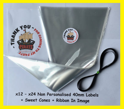 12/24 Non Personalised Pirate Birthday Party Labels + Sweet Cones Kit