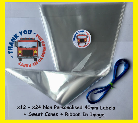 12/24 Non Personalised Fire Truck Birthday Party Labels + Sweet Cones Kit