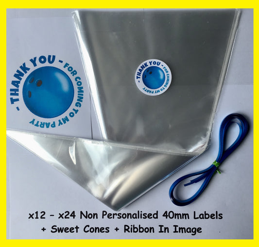 12/24 Non Personalised Bowling Blue Birthday Party Labels + Sweet Cones Kit