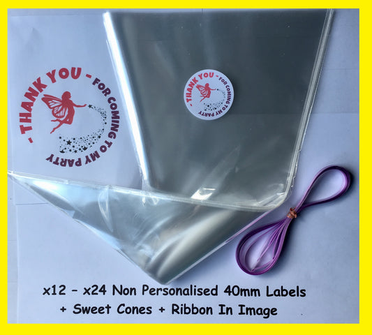 12/24 Non Personalised Fairy Birthday Party Labels + Sweet Cones Kit
