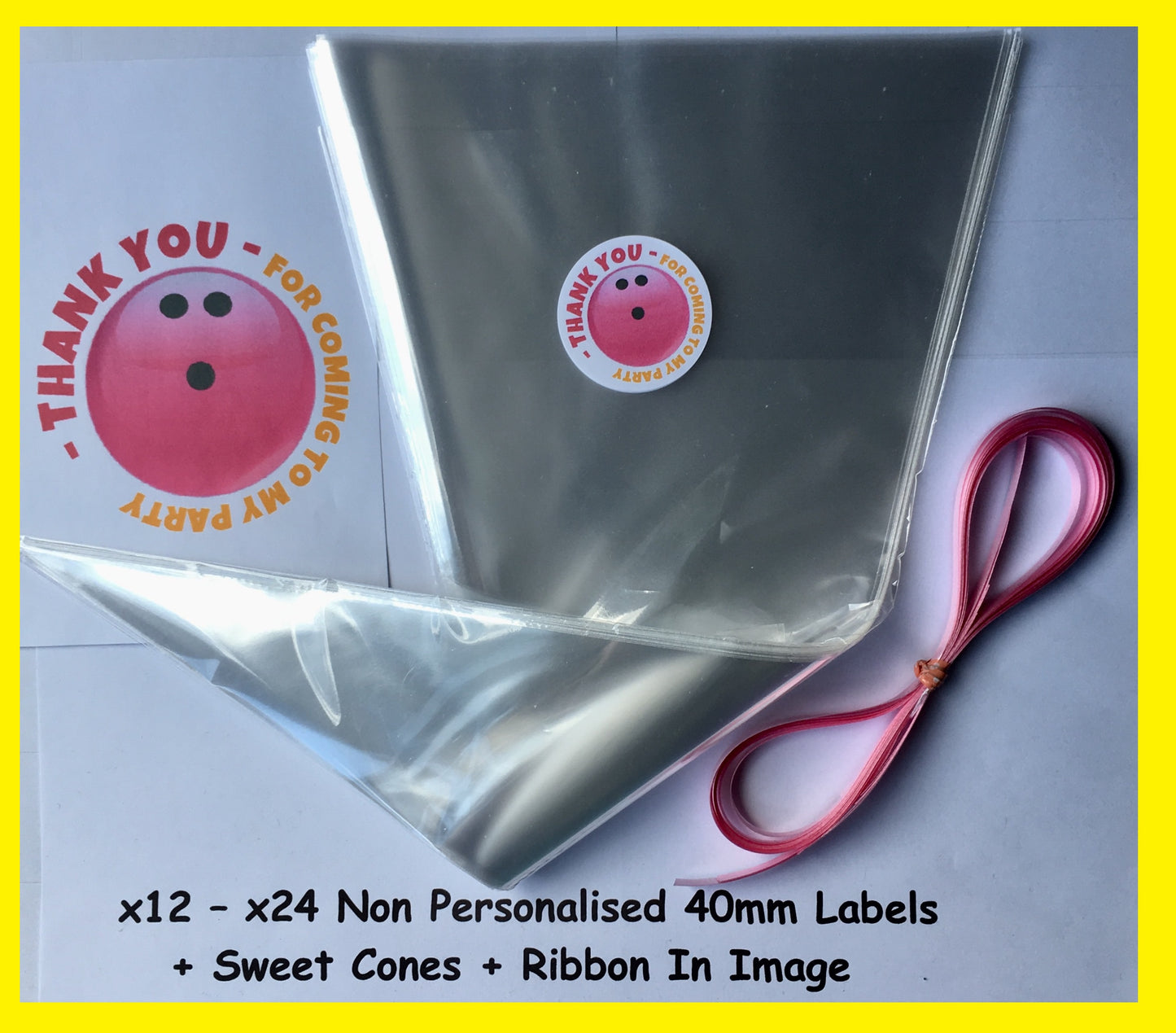 12/24 Non Personalised Bowling Ball Pink Birthday Party Labels + Sweet Cones Kit