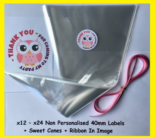12/24 Non Personalised Owl Pink Birthday Party Labels + Sweet Cones Kit