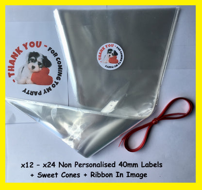 12/24 Non Personalised Dog Heart Birthday Party Labels + Sweet Cones Kit