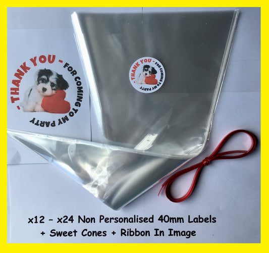 12/24 Non Personalised Dog Heart Birthday Party Labels + Sweet Cones Kit