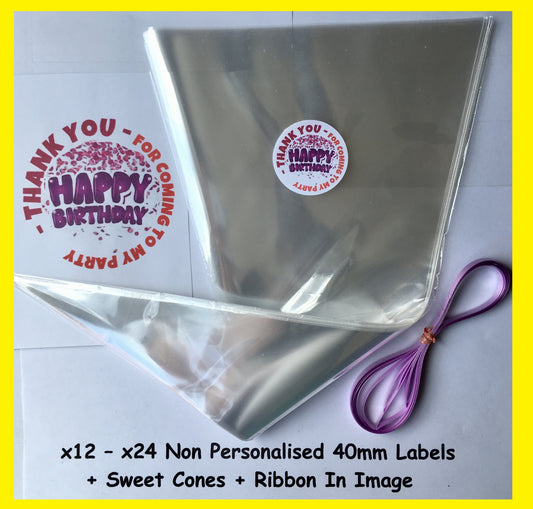 12/24 Non Personalised Happy Birthday Pink Party Labels + Sweet Cones Kit