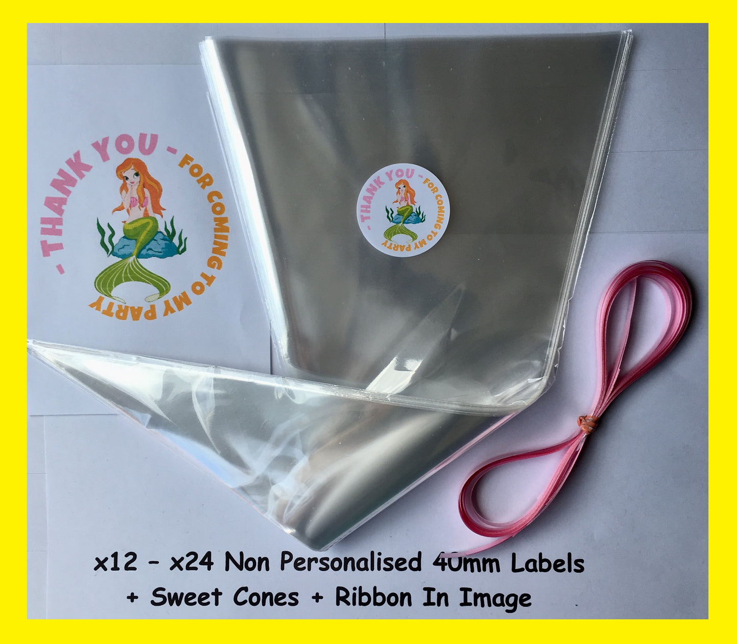 12/24 Non Personalised Mermaid Birthday Party Labels + Sweet Cones Kit
