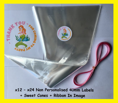 12/24 Non Personalised Mermaid Birthday Party Labels + Sweet Cones Kit