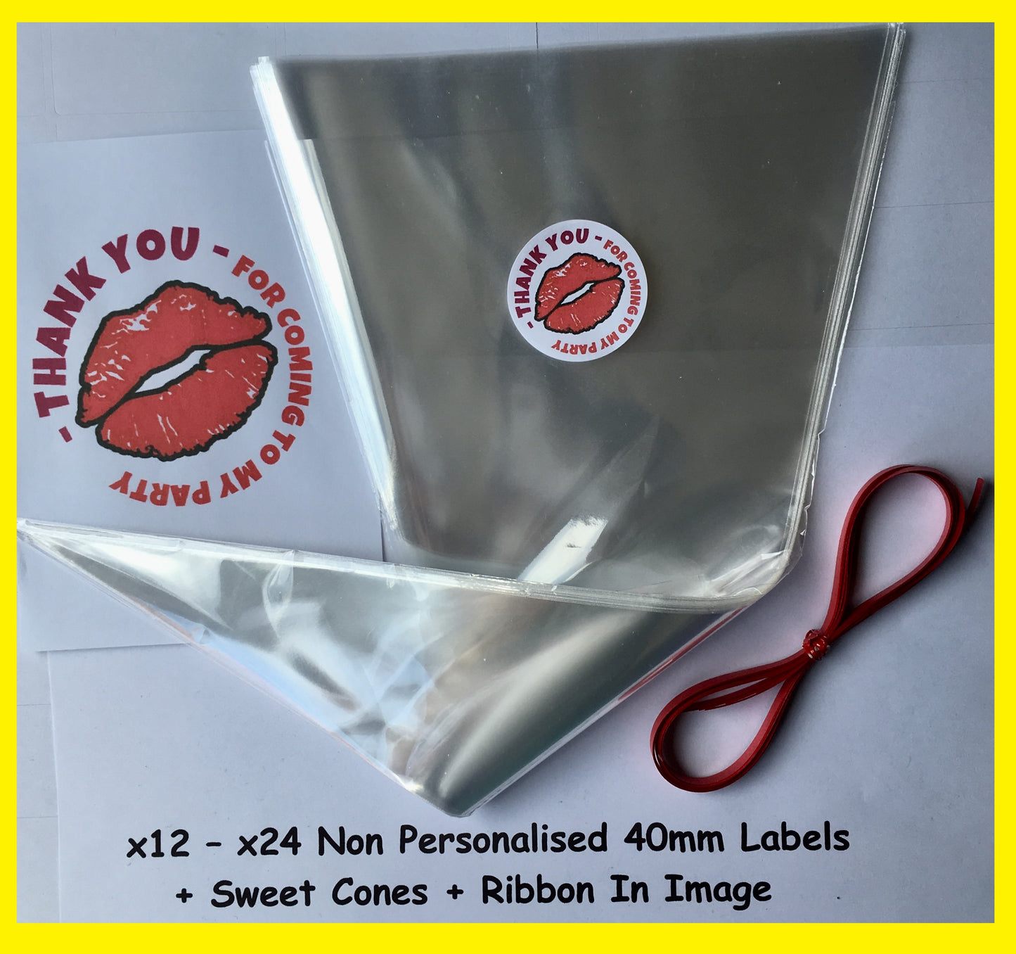 12/24 Non Personalised Lips Birthday Party Labels + Sweet Cones Kit