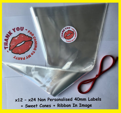 12/24 Non Personalised Lips Birthday Party Labels + Sweet Cones Kit