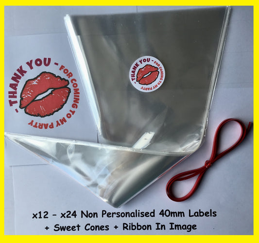 12/24 Non Personalised Lips Birthday Party Labels + Sweet Cones Kit