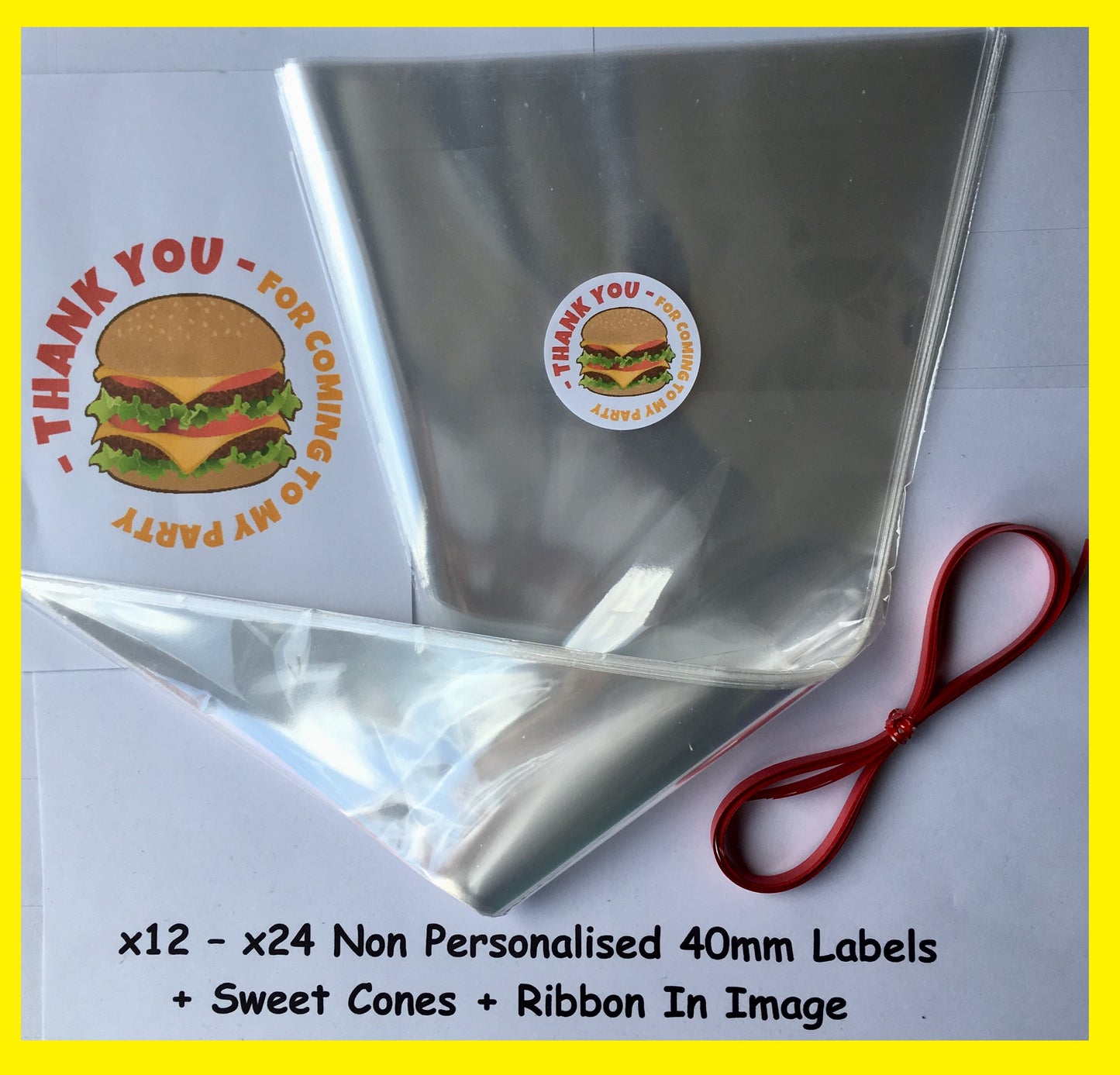 12/24 Non Personalised Burger Birthday Party Labels + Sweet Cones Kit